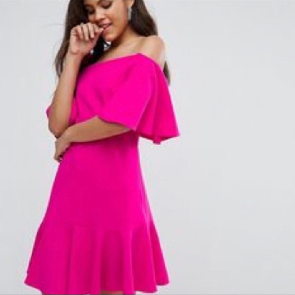 zack london hot pink off shoulder frill detail mini dress